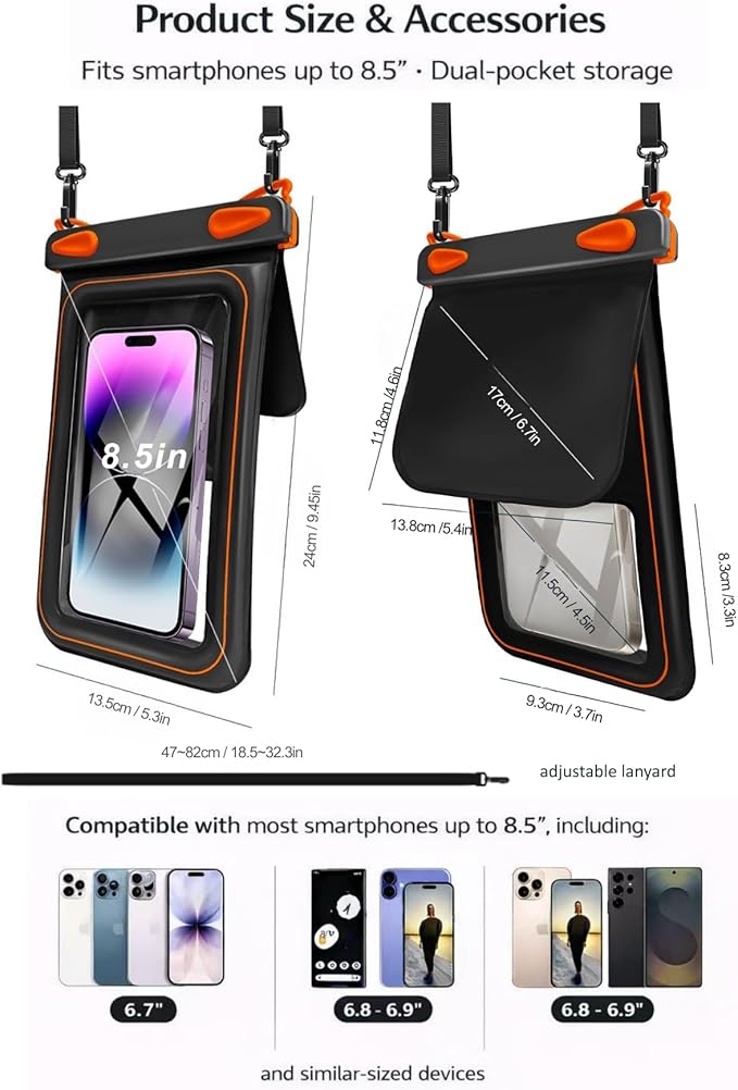 2 Pack Floating Phone Pouch with Dual Compartments, IPX8 Rated Waterproof Case for Rain, Beach, Boating & Kayaking, Clear Touch Screen, Fits Phones Up to 8.5”(Black-White)
