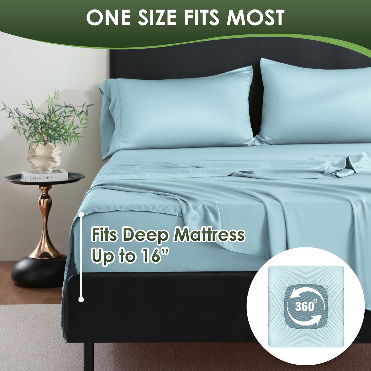 Bamboo Sheets Queen Sheets Set,100% Organic Viscose Derived from Bamboo Bed Sheet Set,Luxuriously Soft & Cooling,4 Pcs Bedding Set with Deep Pockets, Wrinkle Free,Double Stitched Seams( Sky Blue )