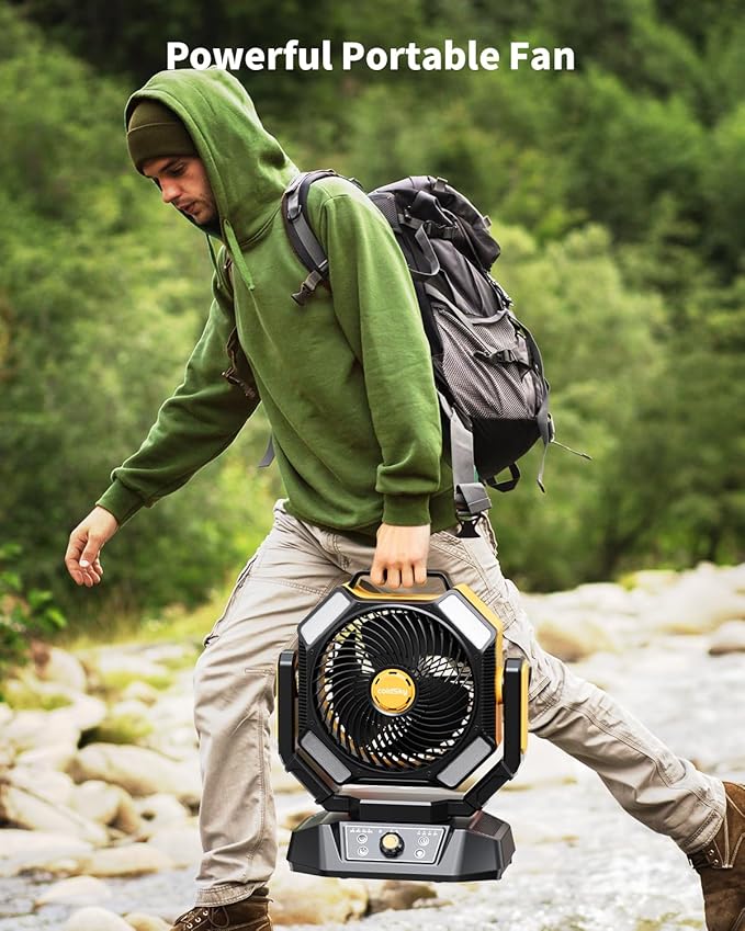 coldSky π°π¬π¬π¬π¬πΊππ΅ Camping Fan, Battery Operated with 4 LED Light, 8 Speeds DeskFan with Remote, Portable Rechargeable Outdoor Fan with Hook for Tent, Power Outages Yellow