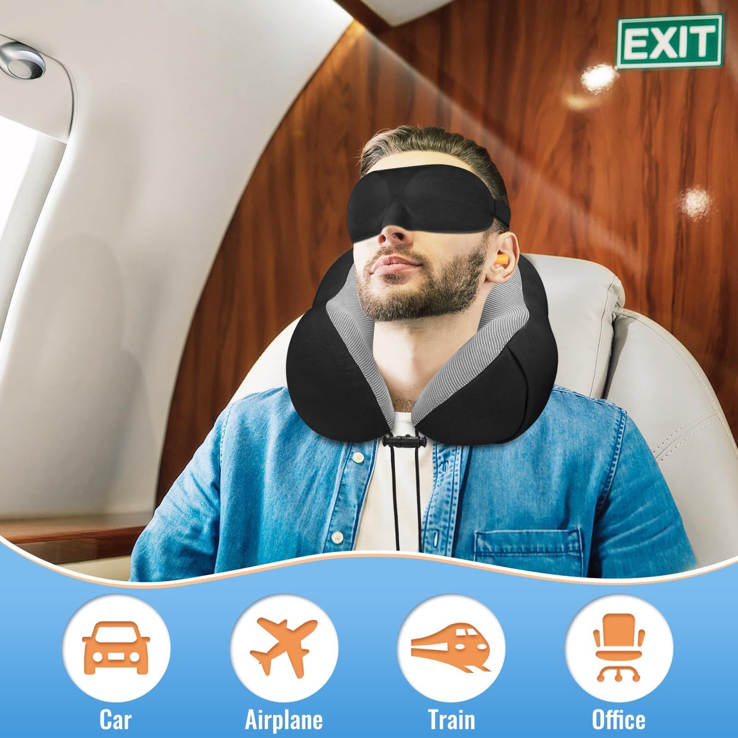 CloudBliss Travel Pillow for Airplane, Memory Foam Neck Pillow for Travel, Compact Flight Pillow with Eye Mask, Earplugs, Carry Bag, Travel Neck Pillow for Long Flight Sleep, Plane Accessories, Black