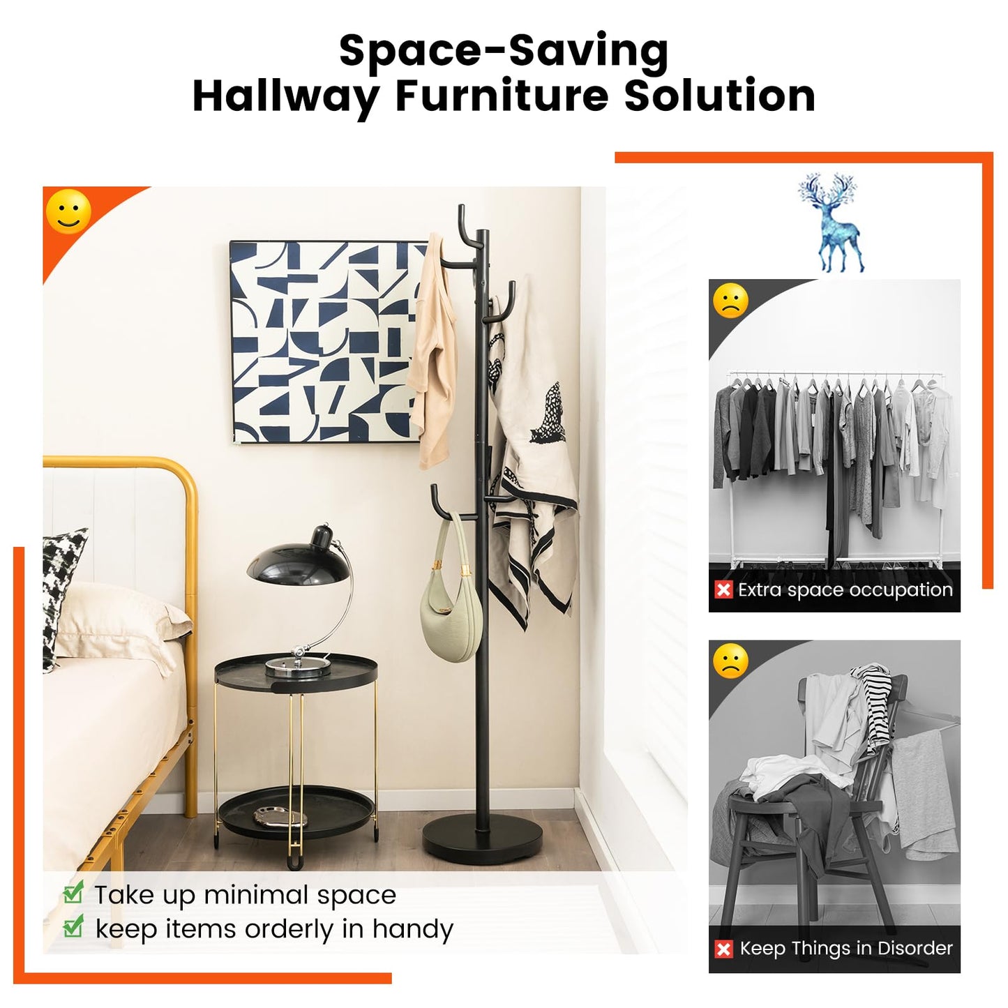 Tangkula Coat Rack Freestanding, Heavy Duty Metal Coat Tree with 8 Hooks, Coat Hanger Stand with 13-inch Enlarged Base, Standing Hall Tree, Home Entryway Hat Jacket Hanger for Scarf, Bag, Umbrella