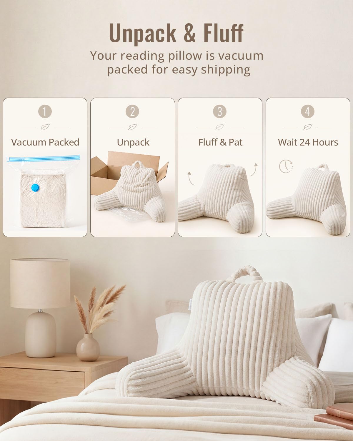 Blissful Diary Reading Pillow for Sitting in Bed, Flannel Back Pillow Bed Sitting Up for Adult & Children, Backrest Cushion for Sit Up in Couch or Floor, Dorm Essentials, Cream White