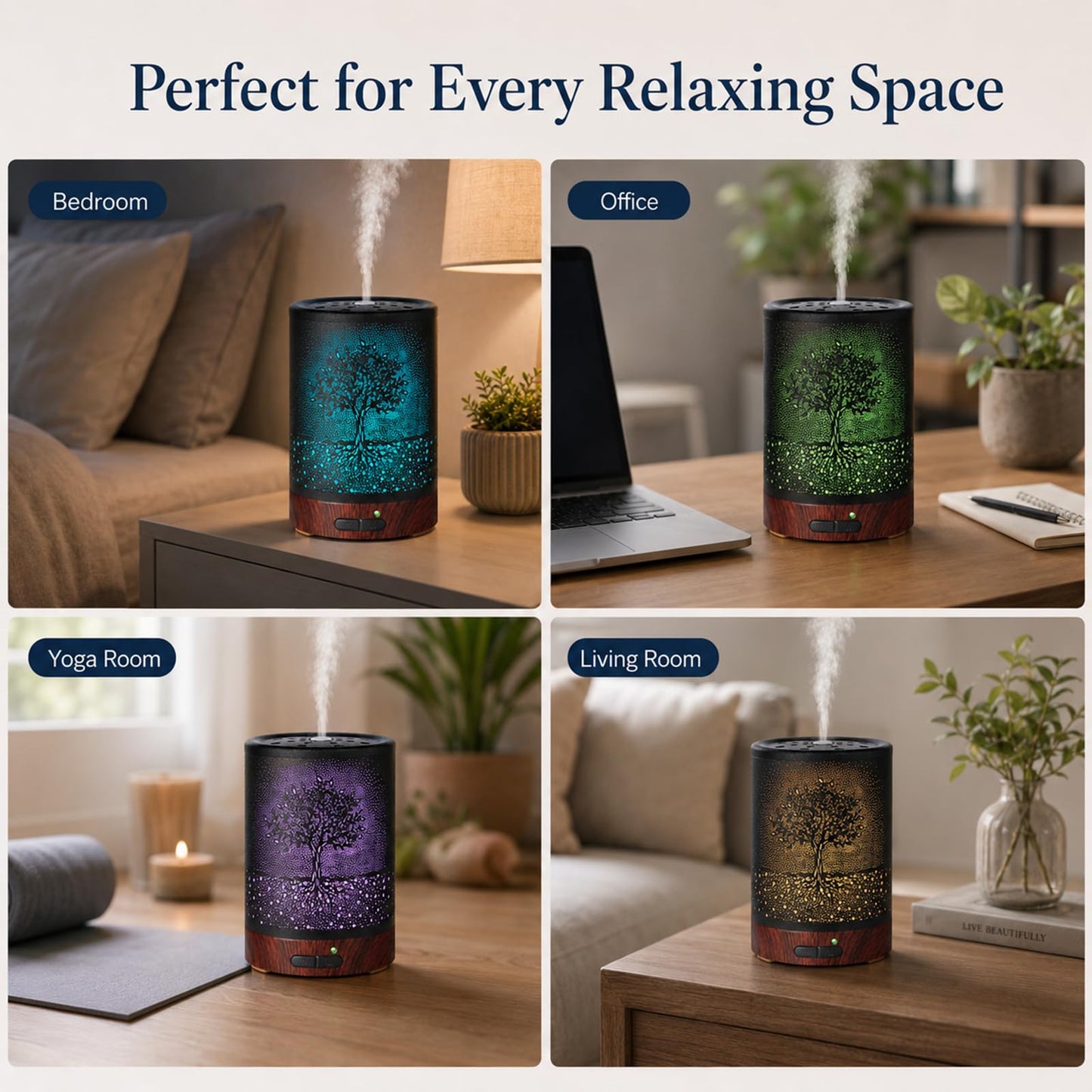 Essential Oil Diffuser- Aromatherapy Diffuser with7 Colors Light and Auto-Off for Women Metal Cool Mist Humidifier for Home and Office for Mom Women(Tree)