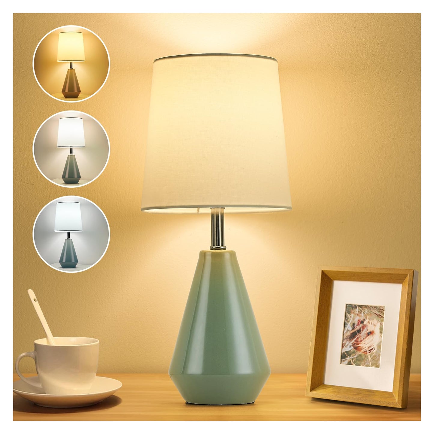 bdayanx Small Bedside Table Lamp for Bedroom - Reading Desk Lamp with 3 Color Temperatures,15.5" Nightstand Ceramic Lamp with Fabric Shade for Kids Room,Living Room,Dorm,Home Office (Green+White)
