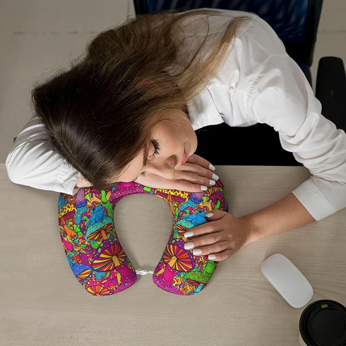 Support Neck Pillow for Youth Travel, Washable Airplane Chin Supporting and Relax U Shaped Pillows Watercolor Frogs Trippy Mushroom Cartoon