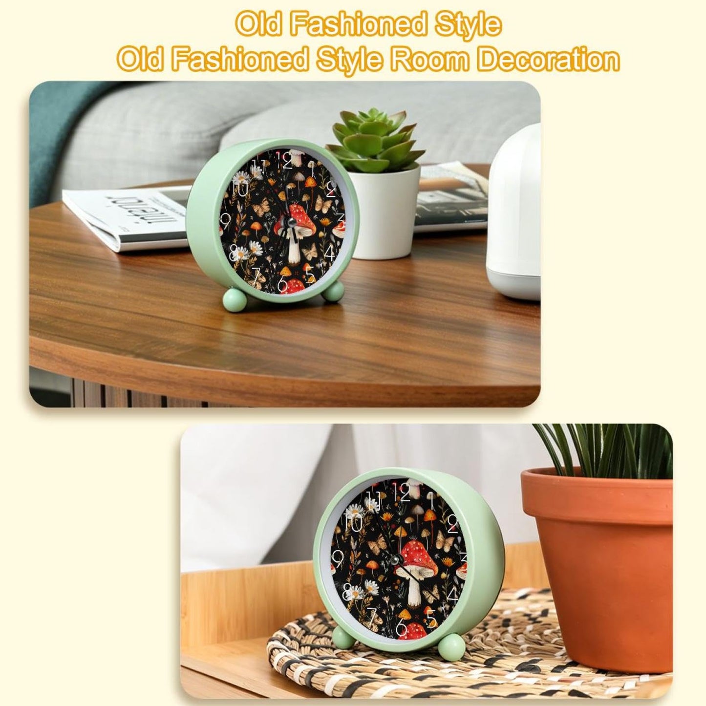 IROLSKDNFH 4.3" Decorative No Ticking Analog Alarm Clock, Battery Operated Desk Clock with Light, Easy to Set, for Bedroom, Kids, Seniors, Aesthetic Mushroom Butterflies and Flowers
