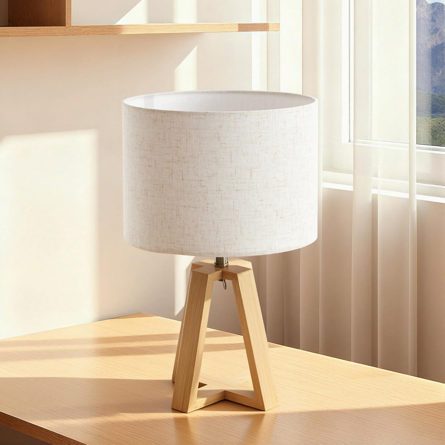 Booniture Cross-Base Table Lamp, Small Bamboo Bedside Lamp with Beige Linen Lampshade, Boho Modern Nightstand Lamp for Bedroom Living Room Office,E26 Socket (Natural Color)