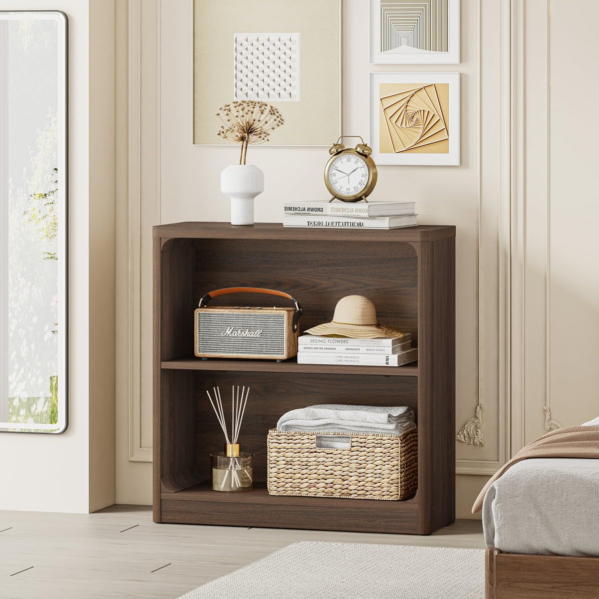 FATORRI Small Wooden Bookshelf, 2-Tier Open Bookcase with Rounded Corners, Compact Floor Standing Storage Book Shelf for Living Room, Bedroom, Home Office (Dark Walnut)