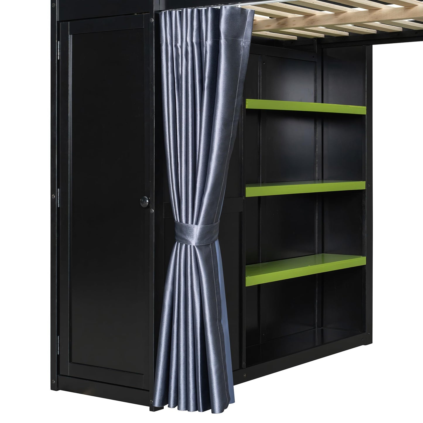 Merax Wood Loft Bed with Wardrobe,Shelves,Blackout Curtains and RGB Lights, Full Size, Black+Green