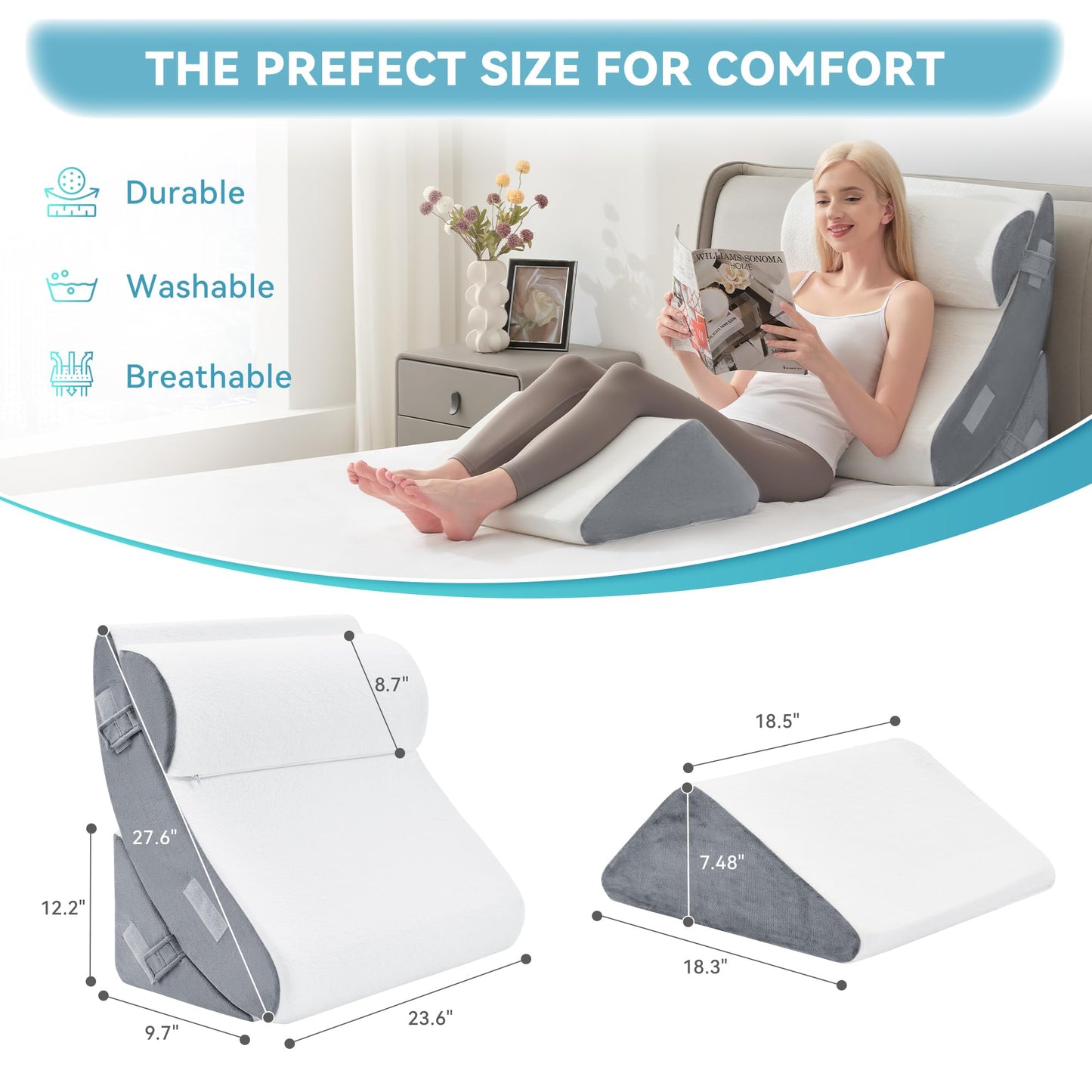 Kingfun 4PCS Orthopedic Bed Wedge Pillow Set for Sleeping, Post Surgery Memory Foam Support Pillows for Back, Neck and Leg Pain Relief, Adjustable Triangle Pillow - Acid Reflux, Anti Snoring & GERD