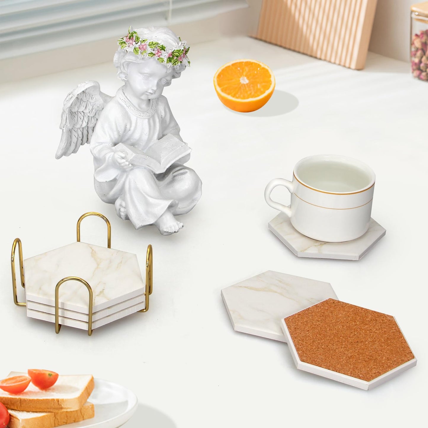 Dksyee 6Pcs White Marble Coaster Set with Holder Hexagon Ceramic Coasters Absorbent Coasters Drink Coasters Set for Coffee Table Bar Coasters Wine Coasters Modern Coasters Beer Coasters Cup Coasters