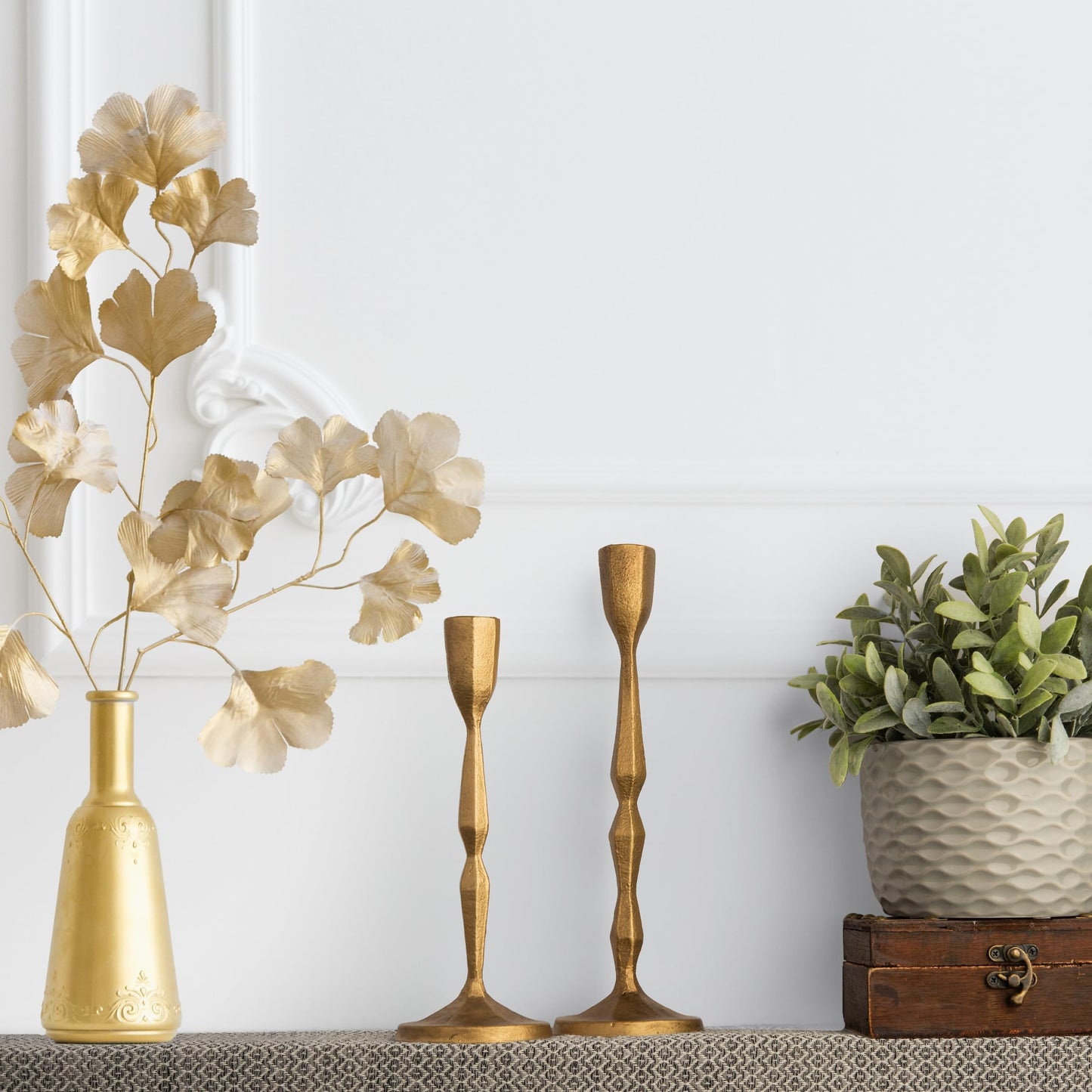 K'DCOR Antique Gold Taper Candle Holders, Heavy Duty Cast Iron Set of 2