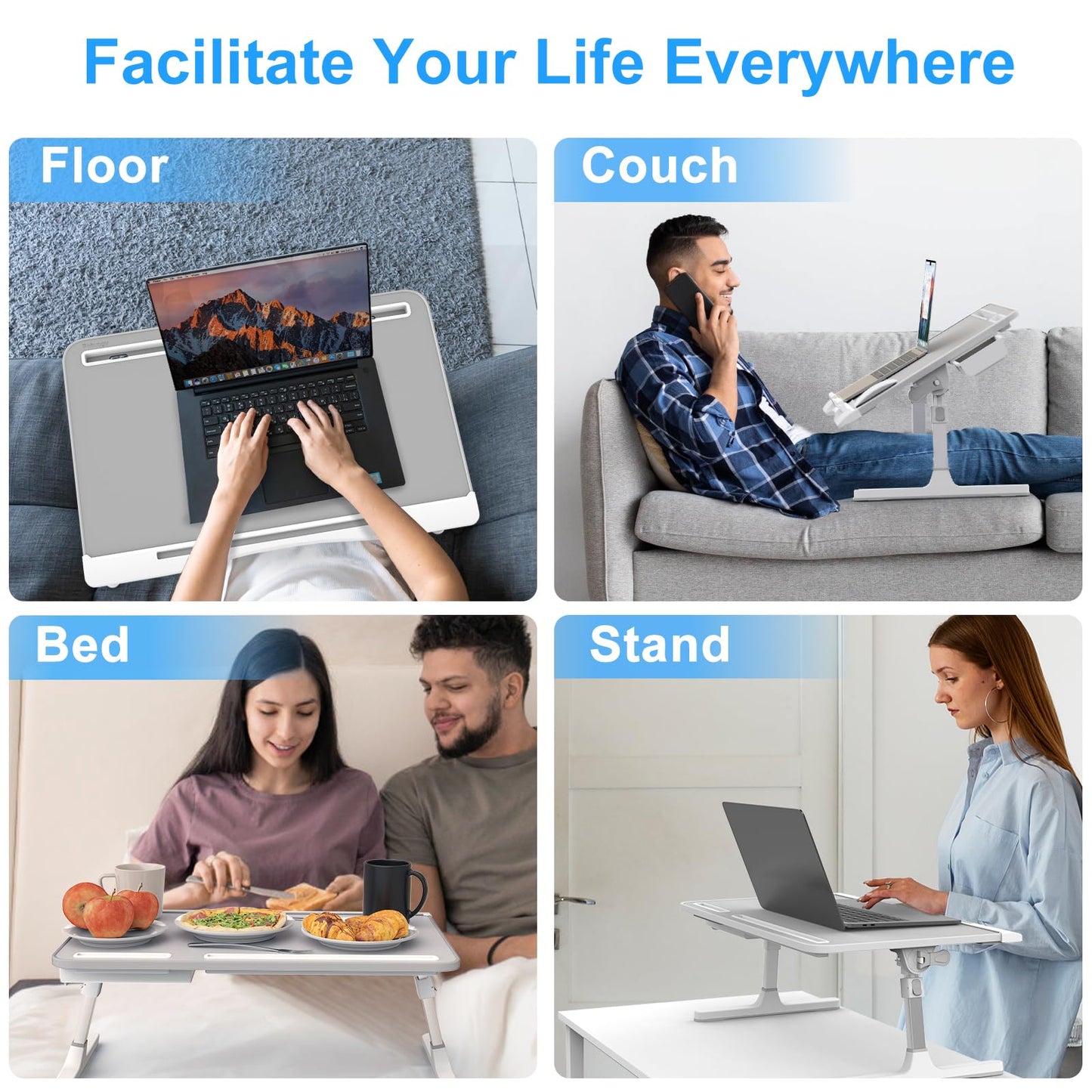 HETTHI Laptop Desk for Bed, Adjustable Bed Table with Leather Desktop, Foldable X-Large Laptop Bed Trays with Drawer for Bed Couch Floor Writing Working Reading Eating Painting (Gray, 23.6"×15.7")