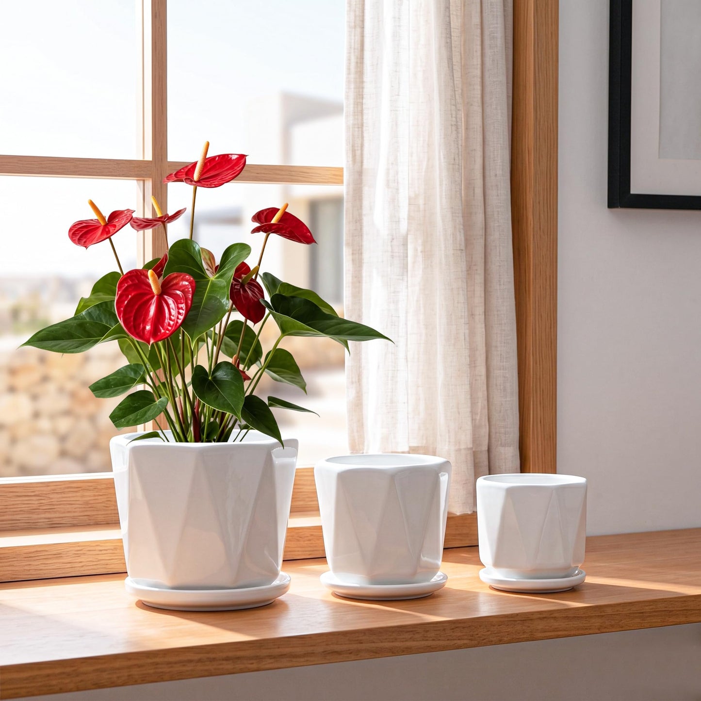 White Ceramic Planter Set of 3 with Drainage and Saucer, Indoor Plant Pots