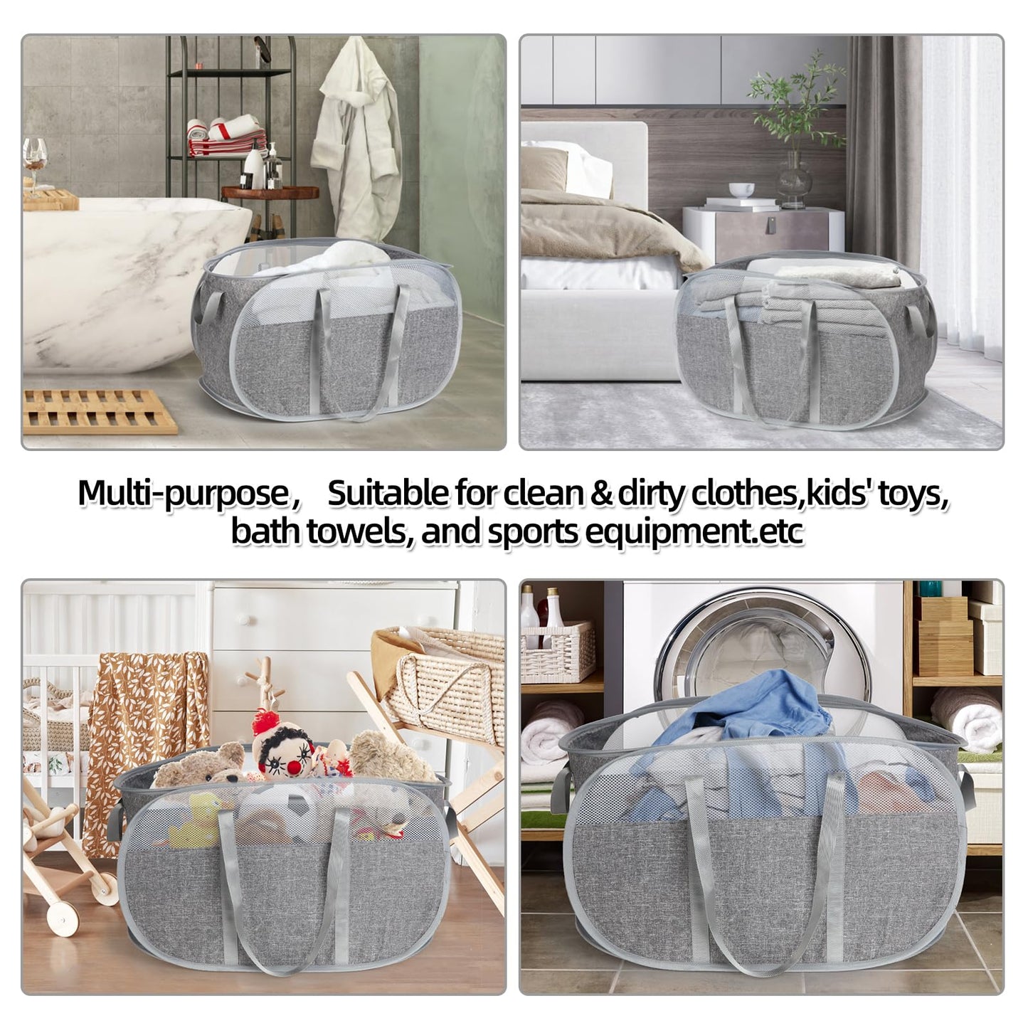 100L Collapsible Laundry Baskets, Tear Proof Pop Up Laundry Hamper with Dual Handles, Large Foldable Laundry Basket, Easy to Carry Laundry Hamper for Home, Laundry Room, Bedroom, Dorm, Travel Grey