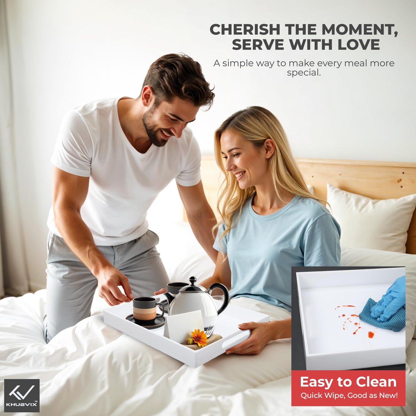 White Tray 16×12" with Cut Handles - Spill Proof Decorative Tray is an Ideal Countertop Organizer for Living Rooms, Ottoman Coffee Tables, Offices, Kitchens & Serving Guests