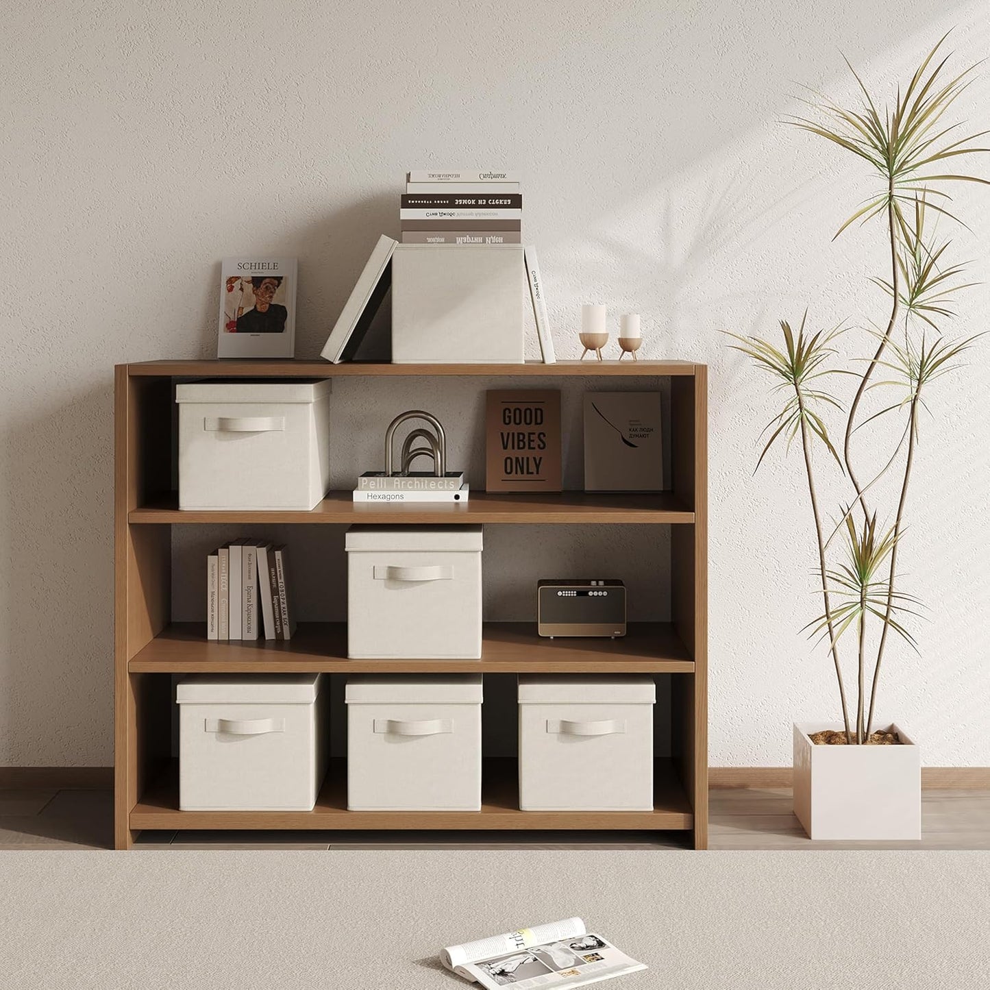 Large Foldable Fabric Storage Bins with Lids, 2 Pack Beige, 17.5"x12"x11.5", Cotton Linen Material with Handles, for Shelves, Nursery, Bedroom, Home, Office, Organizing Clothes, Toys, Blankets, Books
