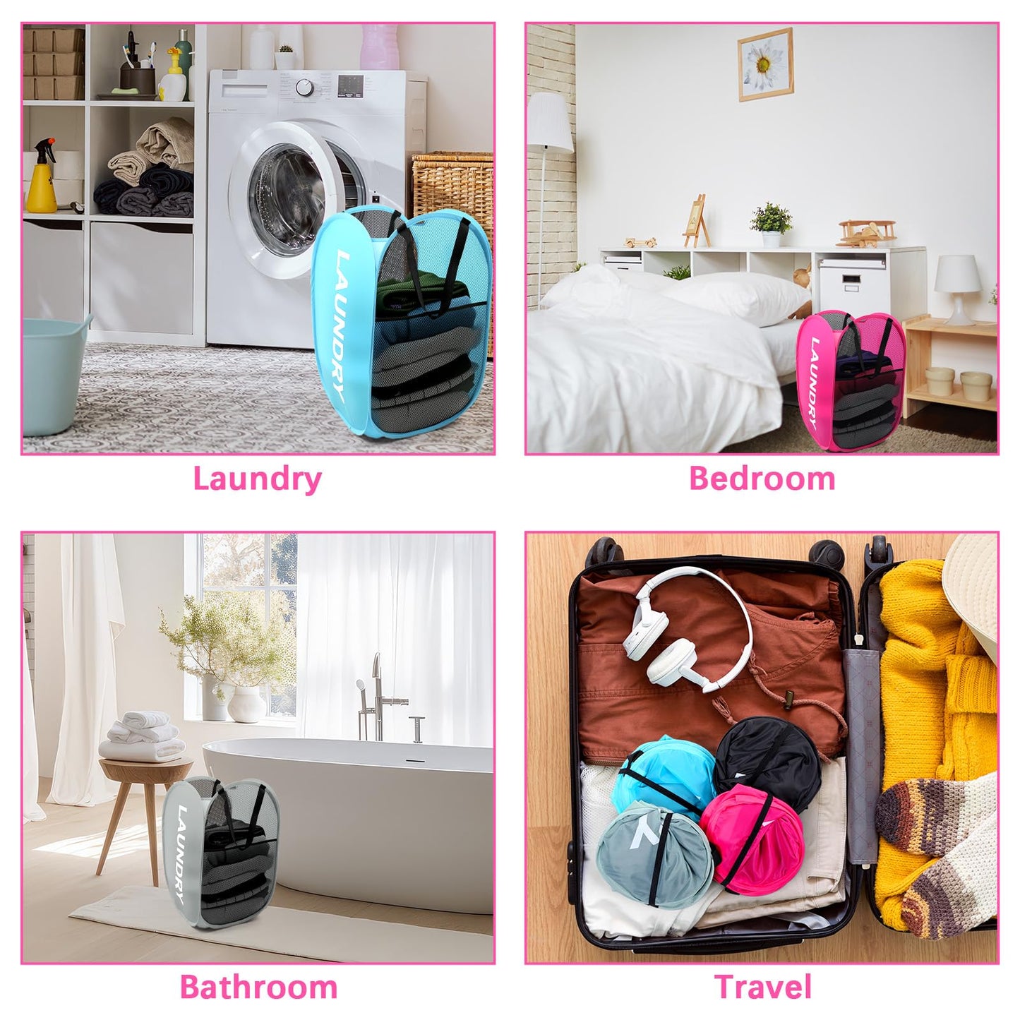 MBAIYO 4 Pack Foldable Mesh Pop Up Laundry Hamper with Handles, Collapsible Laundry Basket Extra Large Clothes Hamper with Large Side Pocket for Teen Room College Dorm Travel(23 x 14.2 x 14.2 inch)