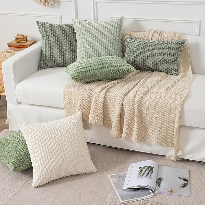 Kevin Textile Throw Pillow Covers Soft Corduroy Decorative Set of 2 Boho Striped Pillow Covers Pillowcases Farmhouse Home Decor for Couch Bed Sofa Living Room 12x20 Inch Greyish Green