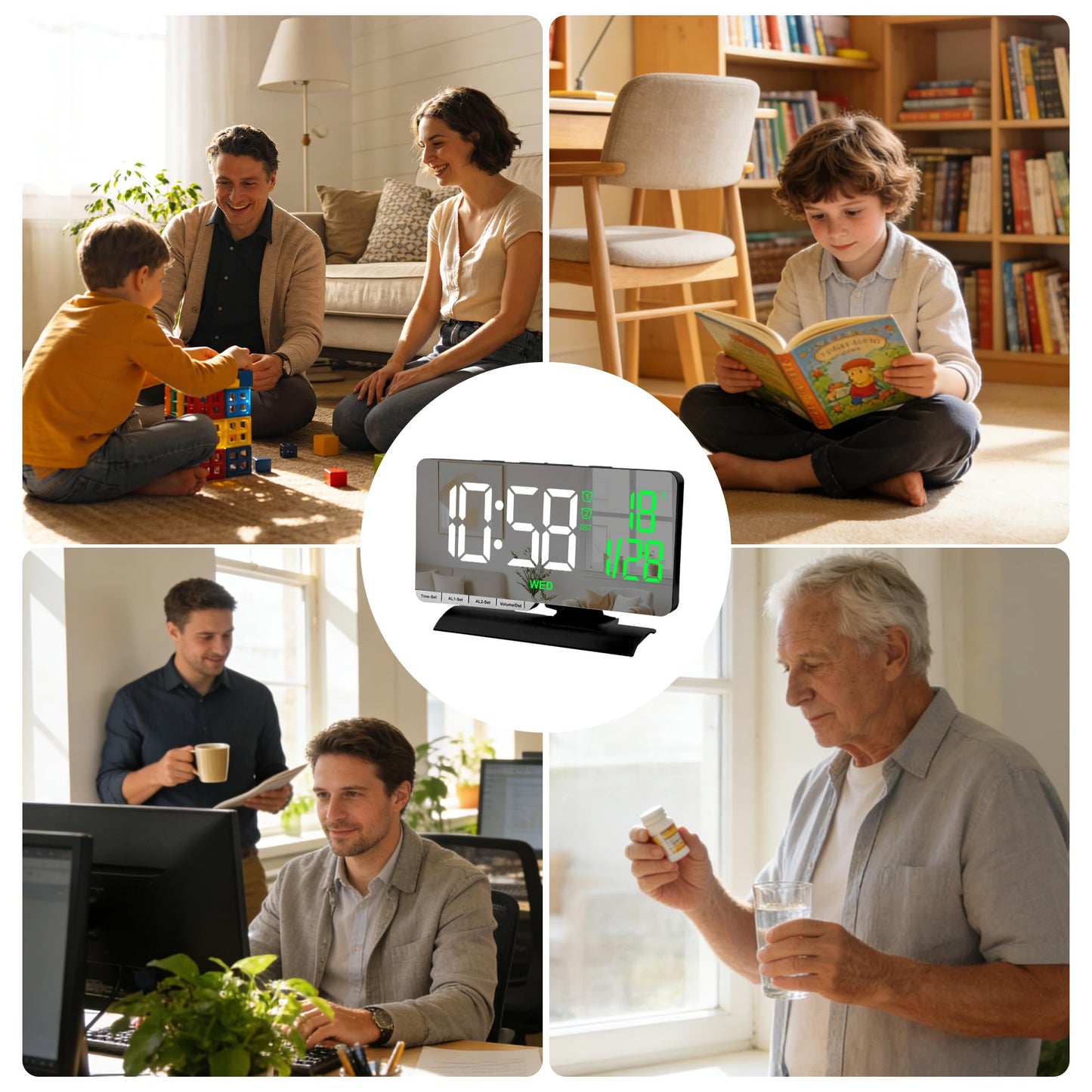SZELAM Digital Clock,Alarm Clock Bedside,7.3'' Large LED Mirror with Date Display,Temperature,Dual Alarm with 3 Mode,Brightnee Adjust,DST,USB C Charging Port,5 Levels Volume for Desk Bedroom Teens