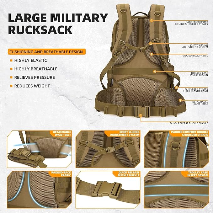 HongXingHai 50L Military Tactical Backpack 3 Day Assault Pack Molle Daypack Hiking Backpack for Men and Women