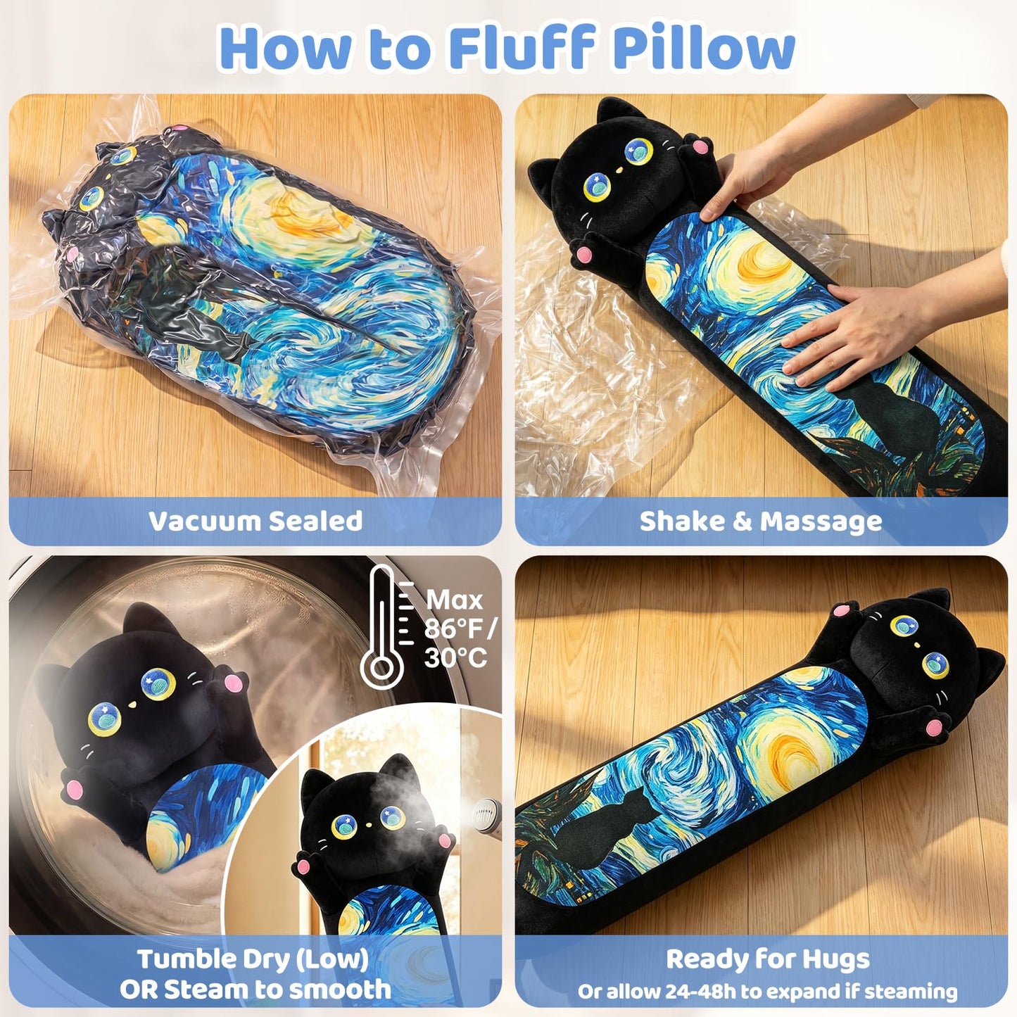 Mewaii Long Cat Plush 5 Sizes, 120% Extra Filling Giant Plushness Kids Body Pillow, Kawaii Cute Black Starry Cat Stuffed Animals Plushies, Big Long Black Cat Body Pillow Plush Gift for Girls 20”