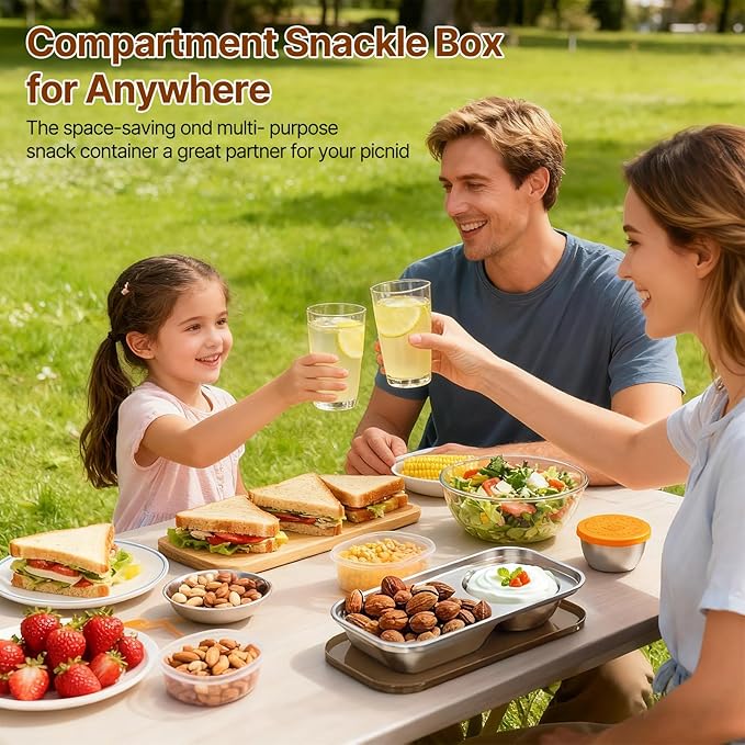 Kitlead 2 Compartment Grab and Go Snack Containers Reusable,Stainless Steel Snack Containers with Lid for Travel, Outdoor Camping and Daily Use (Set of 8)