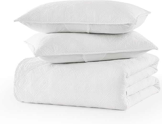 WDCOZY 100% Cotton King Size Quilt Set - White Pre-Washed Soft Lightweight Modern Bedspread, Farmhouse Country Rustic Coverlet, Textured Like Linen, Shabby Chic Gauze Bedding, 3 Pieces
