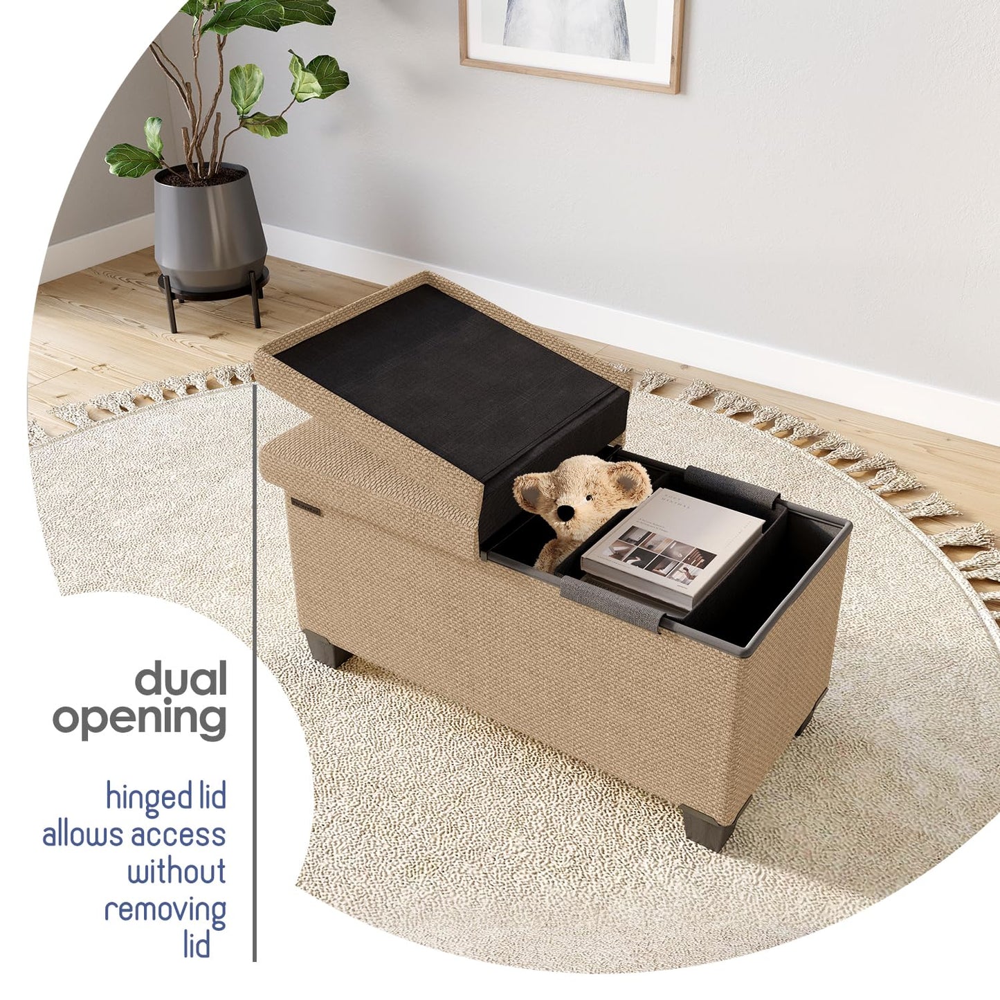 Storage Ottoman Bench with Bins, 30-in Storage Bench for Bedroom End of Bed, Folding Foot Rest Ottoman for Living Room Max 660lbs, Fabric Ottomans, Taupe