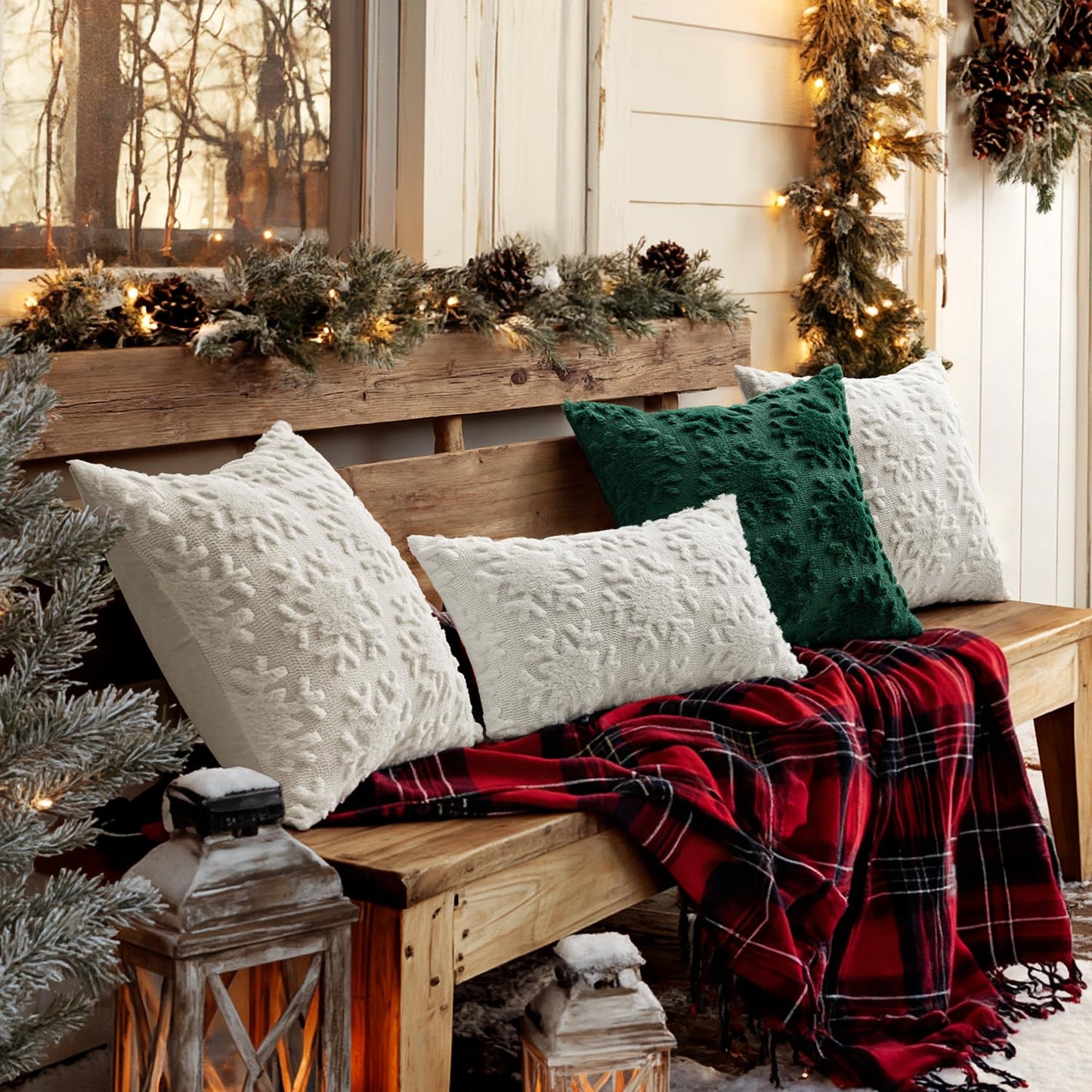 MIULEE Christmas Snowflake Decorative Throw Pillow Covers Set of 2,Soft Fluffy Faux Wool Winter Holiday Couch Pillows for Farmhouse Boho Home Decor Sofa Bed Porch Living Room 20x20 Inch Cream White
