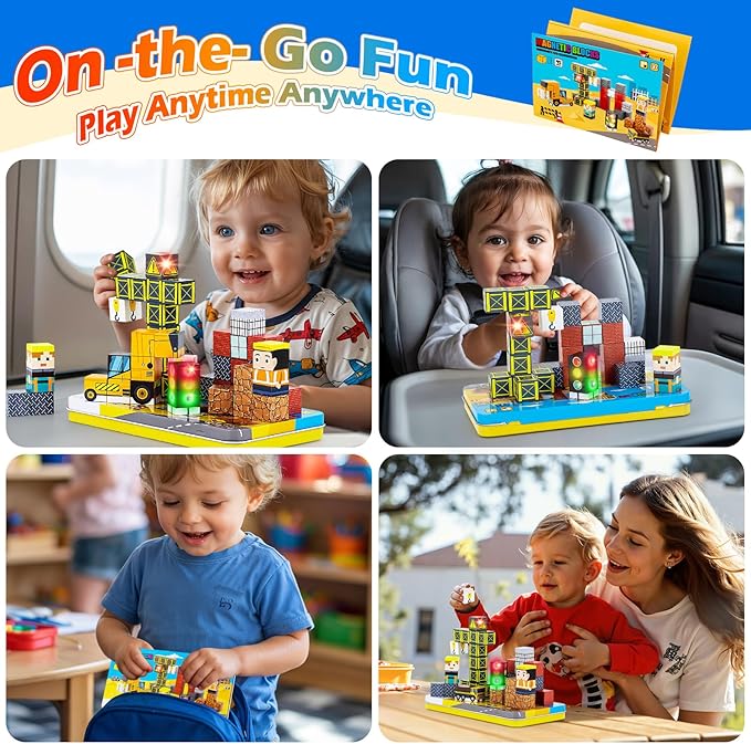 45PCS Magnetic Blocks Travel Toys for Kids with Portable Iron Box, Mini Magnetic Cubes Toys for Airplane & Car Ride STEM Learning Gift Idea for Ages 3+( Construction Theme)
