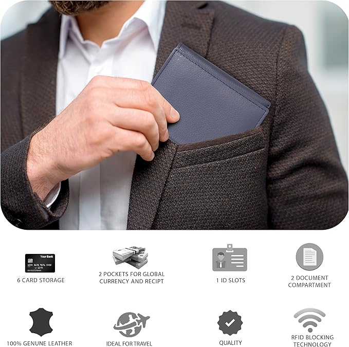 Tri fold Leather Wallet for Men with RFID | Slim Wallets for Men with 1 ID and 6 Credit card slots | Front Pocket Minimalist