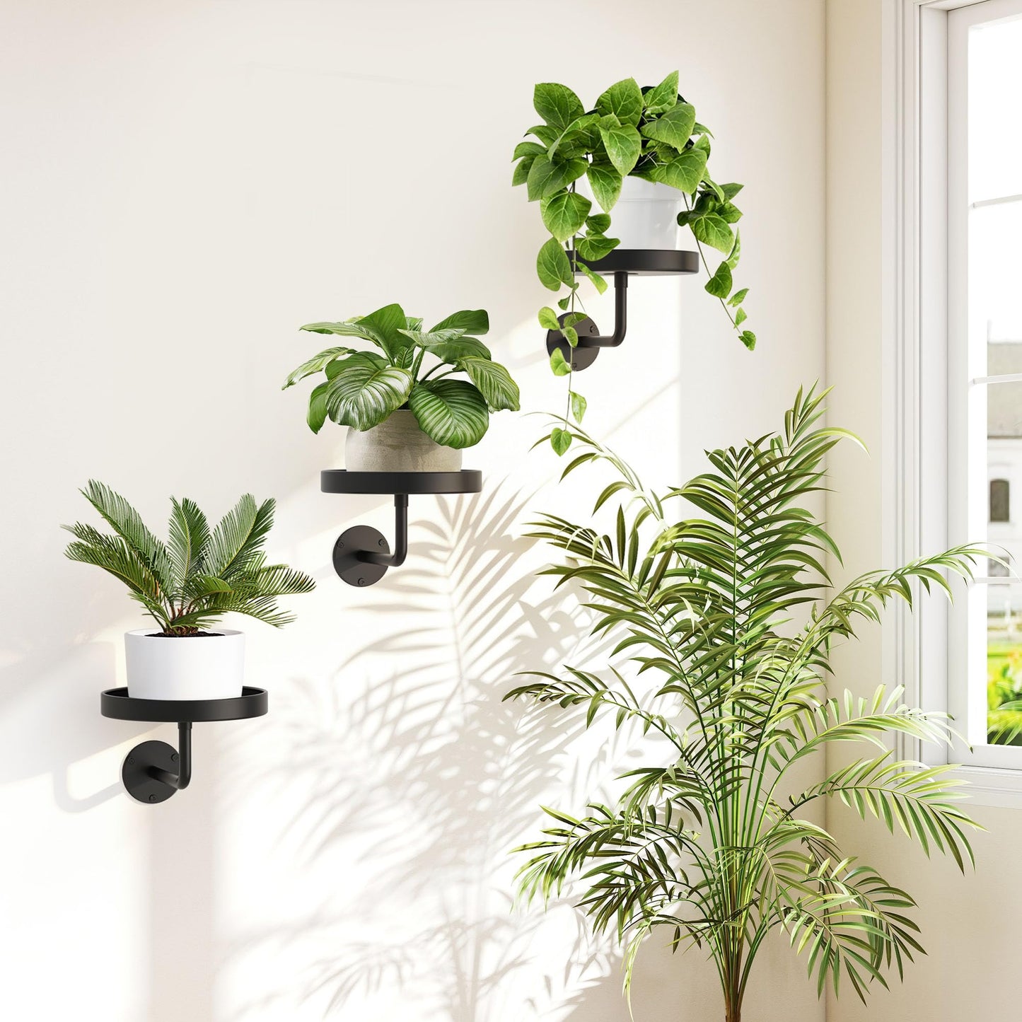 JOPBENG Wall Plant Holder, 6.3 Inch Metal Plant Hanger Indoor Wall Planter, Wall Mounted Plant Holder Window Plant Shelves for Outdoor Black 3Pcs