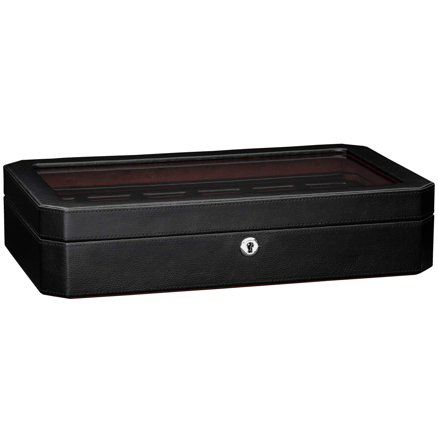 ROTHWELL 12 Slot Leather Watch Box for Men - Luxury Case Display Jewelry Organizer with Microsuede Liner - Travel Jewelry Case for Mens Accessories, Travel Organizer (Black & Red)
