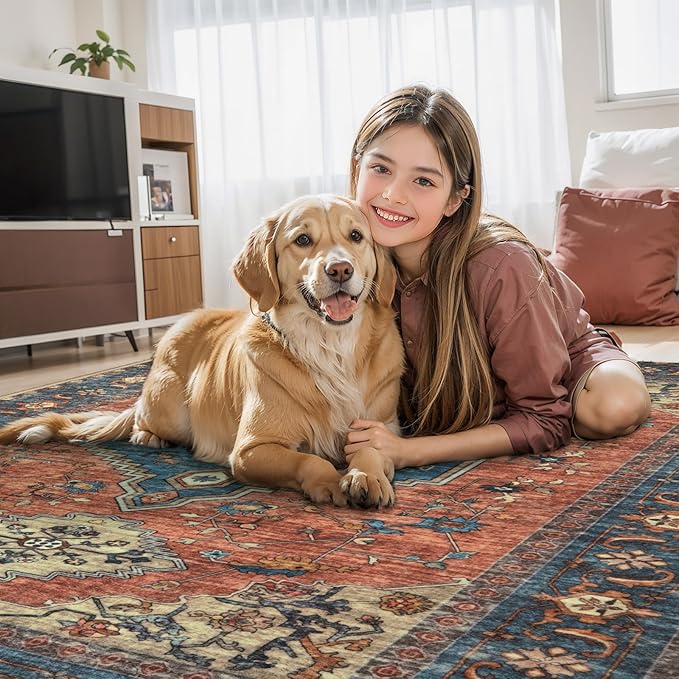 Tangsoo Washable Rug 4x6 Area Rug, Oriental Rug Indoor for Living Room, Non Slip Machine Washable Large Rugs, Soft Print Distressed Terracotta Carpet for Bedroom Dining Room Dorm Office