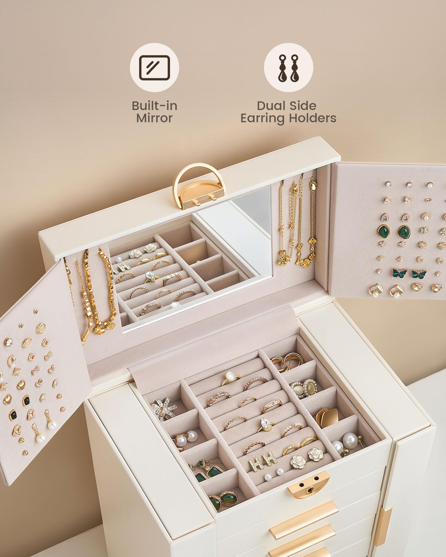 Lolalet Large Jewelry Box Organizer for Women, 6-Layer Jewelry Organizers and Storage Case with Mirror & 5 Drawers, Lockable Watch Ring Earring Bracelet Necklace Holder Girls Gift -6Layer, Beige