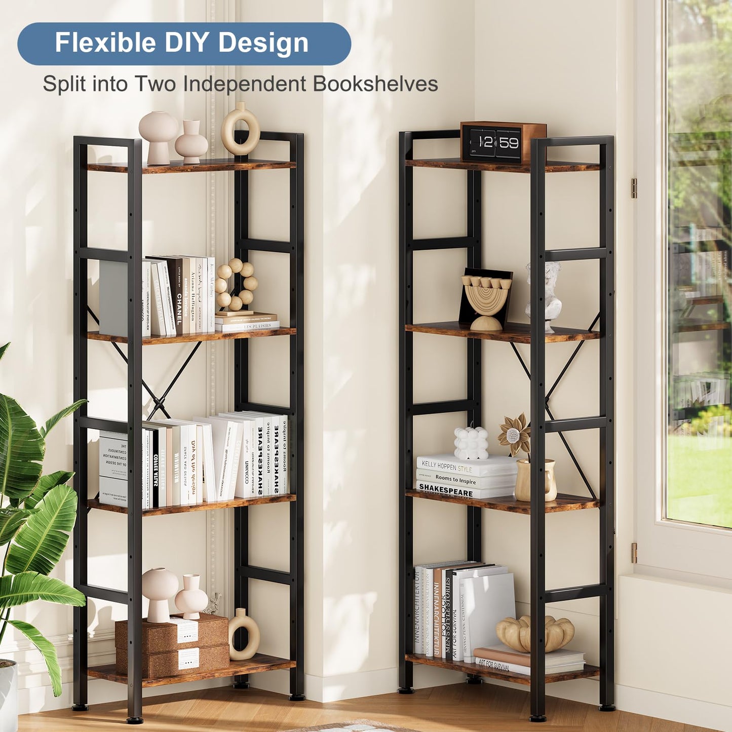 DUMOS Triple Column 4 Tier Bookshelf with Adjustable Shelves, Wide Convertible Display Unit, Industrial Bookcase for Living Room & Home Office, Sturdy Freestanding Storage Decor Organizer, Rust