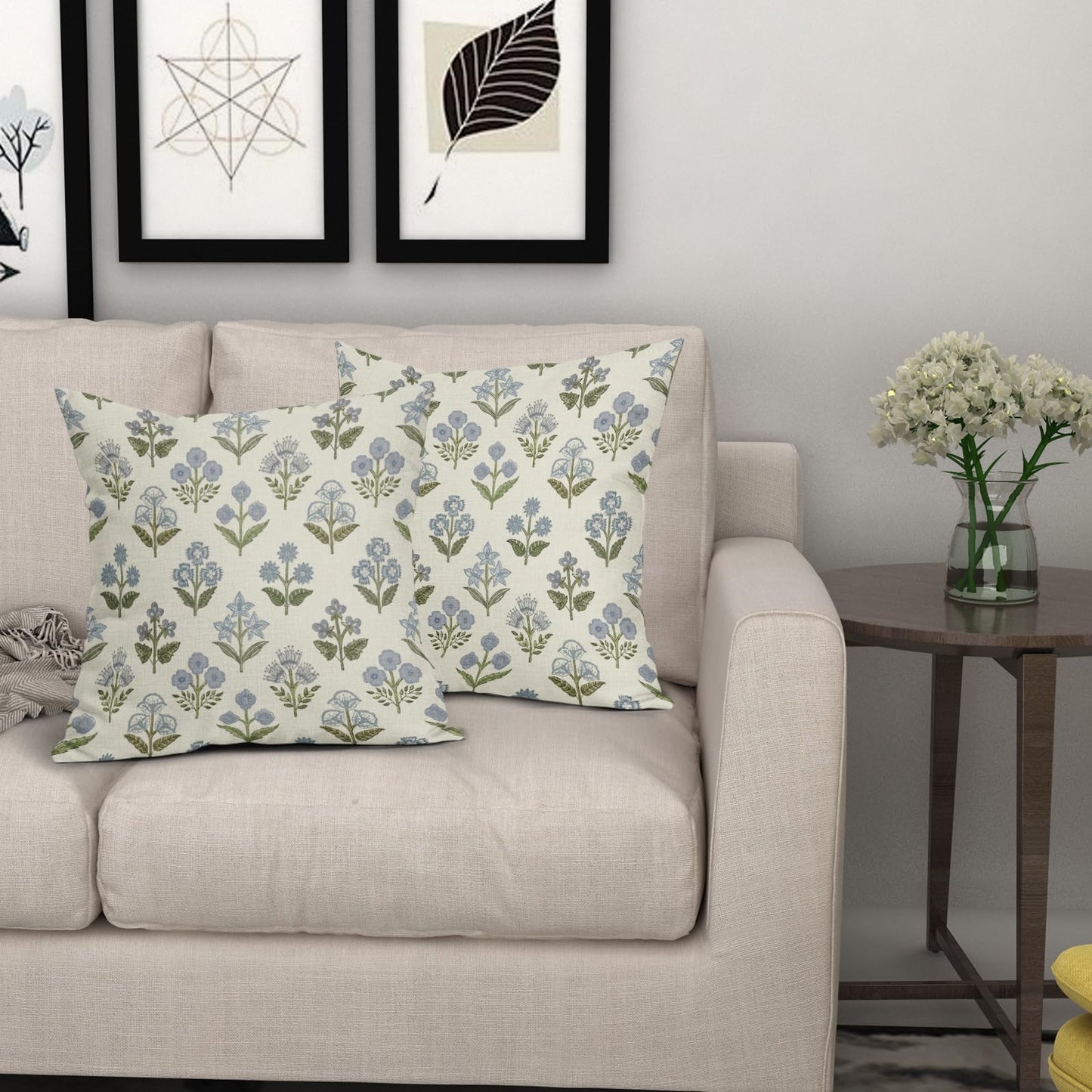 Sivirary Blue Green Block Print Floral Pillow Covers 18x18 Inch Set of 2