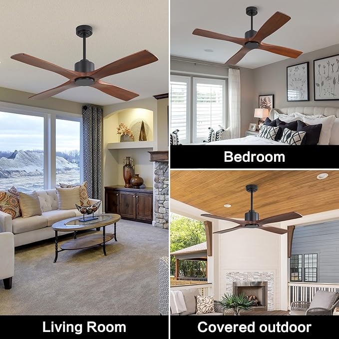 WINGBO 54 Inch DC Ceiling Fan without Lights, 4 Carved Solid Wood Blades, 6-Speed Noiseless Reversible DC Motor, Modern Ceiling Fan No Light with Remote, Black Finish with Walnut Blades, ETL Listed