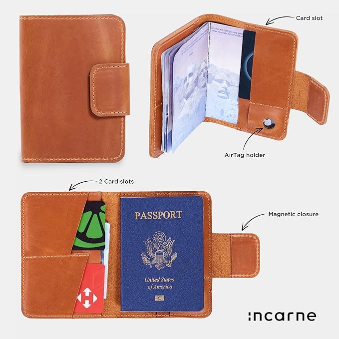 Grey Passport Holder for Travel with AirTag - Leather Passport Cover Compatible with Airtag Passports Wallet with Card Slots & Note Compartment, Magnetic Closure, Genuine Leather, Vintage Gray