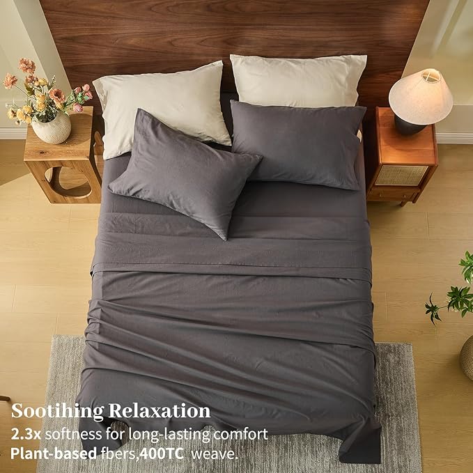 MEISHANG 100% French Pure Linen Sheets Queen Size - 6 PC Extra Deep Pocket Sheet Set, Soft Durable Flax Linen, Anti-Tear Breathable & Oeko-Tex Certified 18-24 Deep Pocket,All Season(Dark Grey)