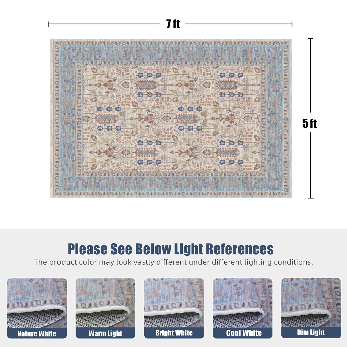 Deerly 5x7 Area Rugs Living Room, Low Pile Ultra Soft Rugs with Non-Slip Backing Machine Washable Vinatge Boho Carpet for Bedroom Playroom Nurseryroom, Kid & Pet Friendly Print Floor Beige Rug 5x7ft