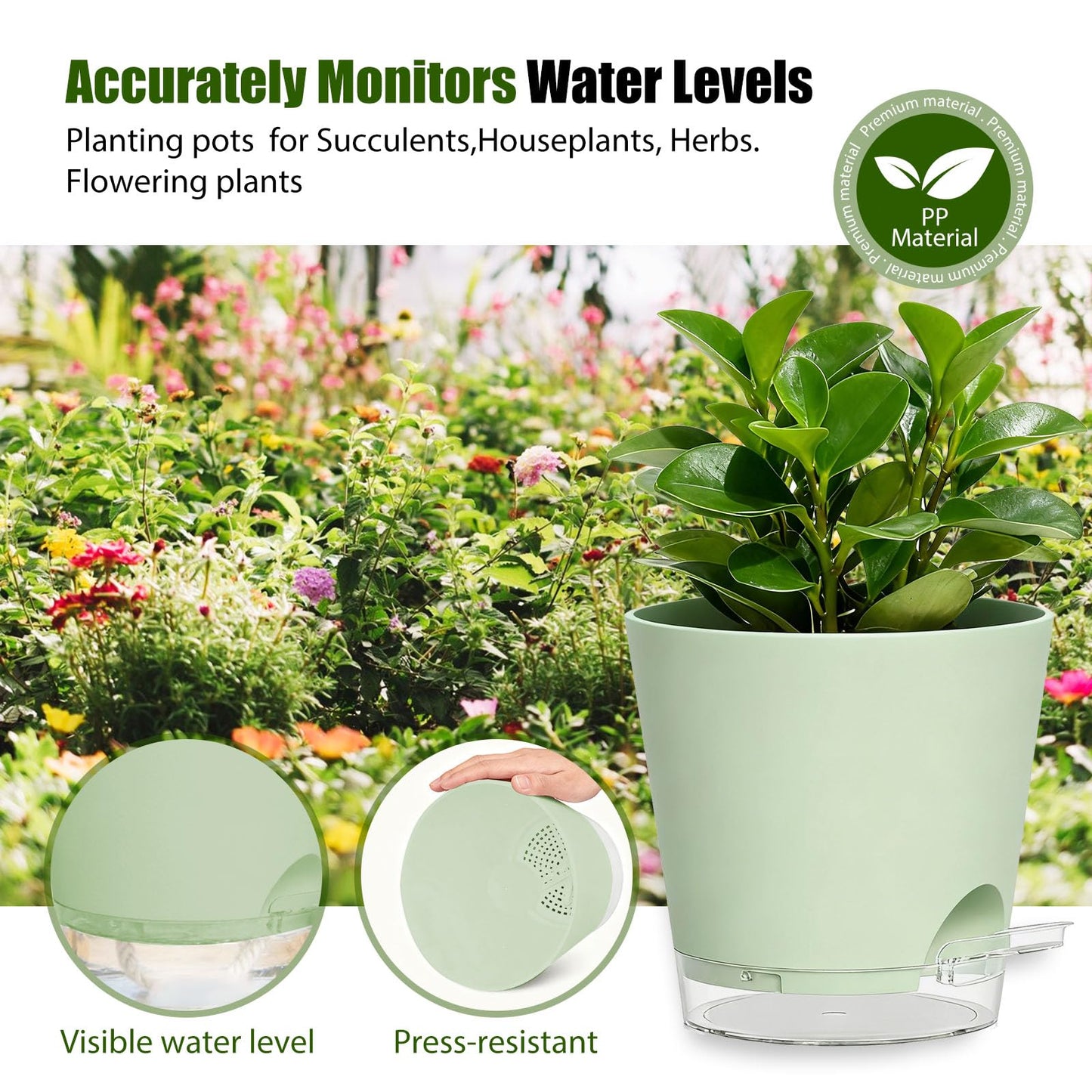 SQKH Plant Pots 4 Inch Self Watering Pots,6 Pack Plastic Planters with Drainage Holes and Clear Saucers,Plastic Flower Pots,Nursery Planting Pot for Indoor Out Door Plants (Green)