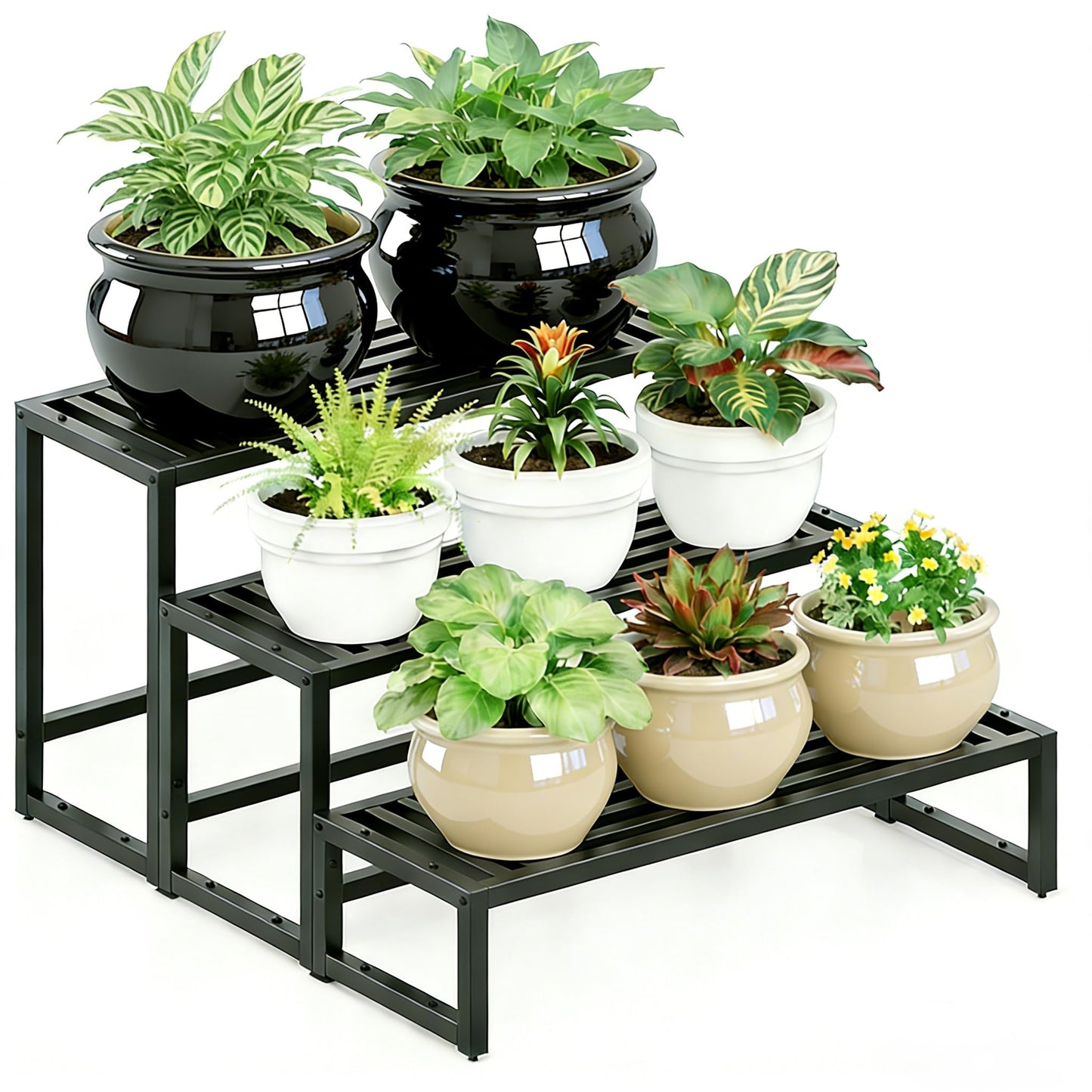 Hongsane Plant Stand Indoor Outdoor,3 Tier Ladder Metal Plant Stands Riser,Heavy Duty Wrought Iron Plant Shelves for Multi Large Pots,Black Tiered Flower Display Holder for Living Room,Patio,1-Pack
