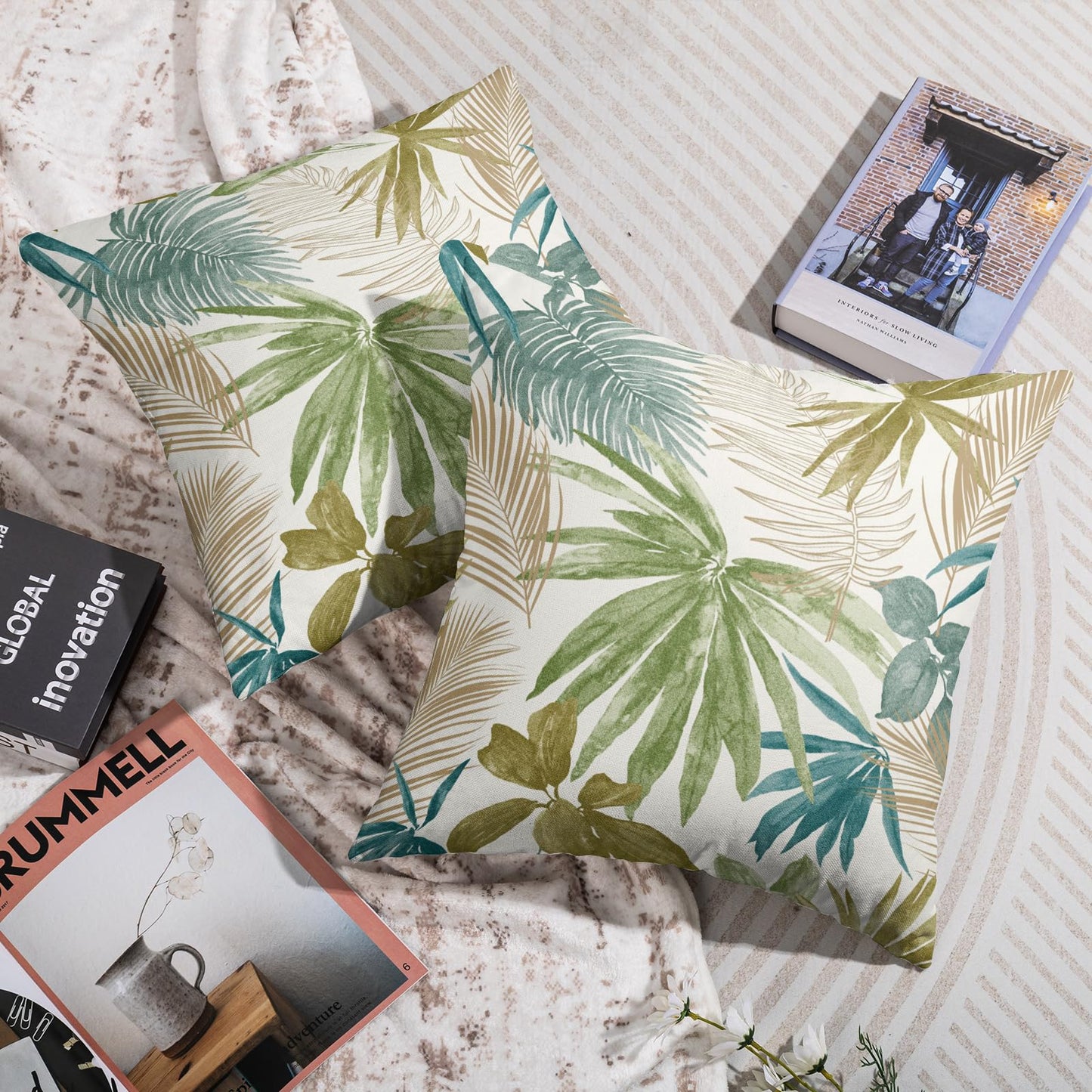 Smozenith Tropical Pillow Covers 18X18 Set of 2, Green Blue Teal Brown Palm Leaf Summer Print Decorative Throw Pillowcases Outdoor Farmhouse Seasonal Cushion Cases Couch Sofa Bed Decor