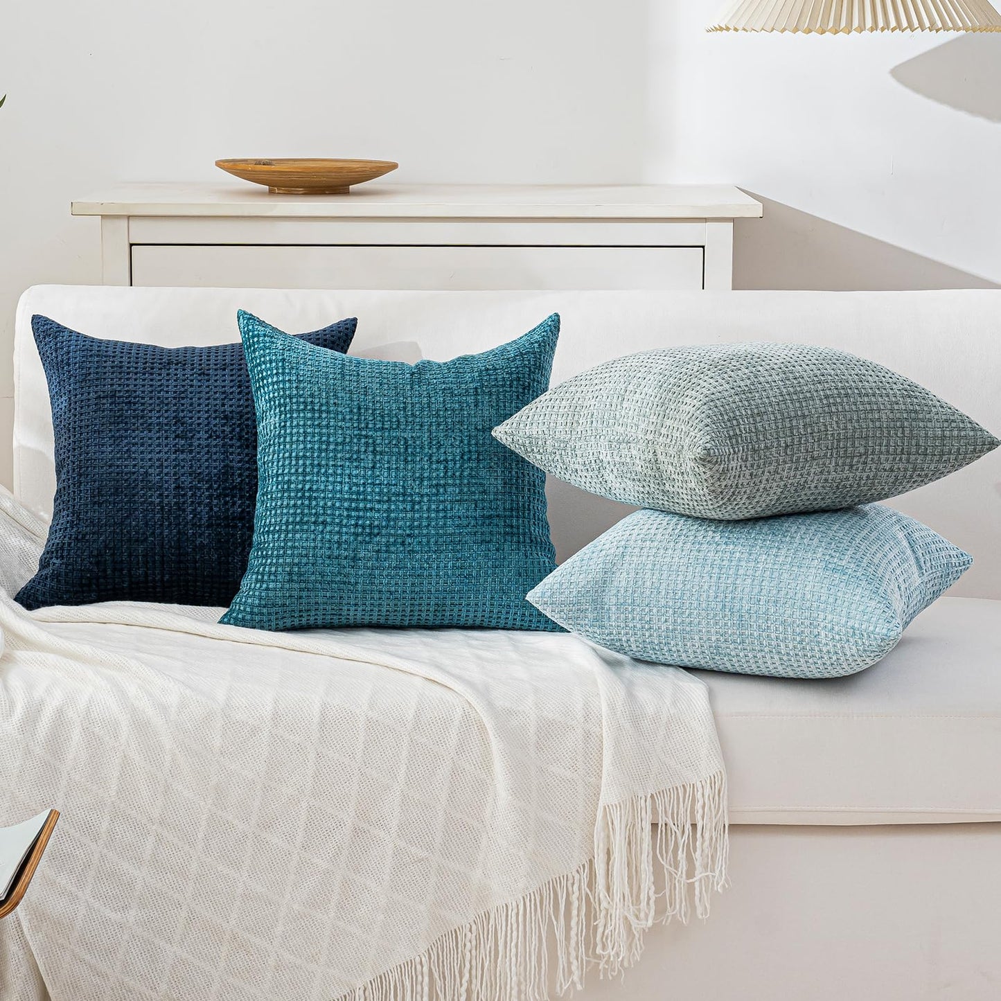 Cushonix Pack of 4 Throw Pillow Covers 18x18 inch Blue Series Boho Cushion Covers Decorative Farmhouse Pillow Covers for Couch Bed Sofa Living Room Home Decor Soft Square Pillowcase