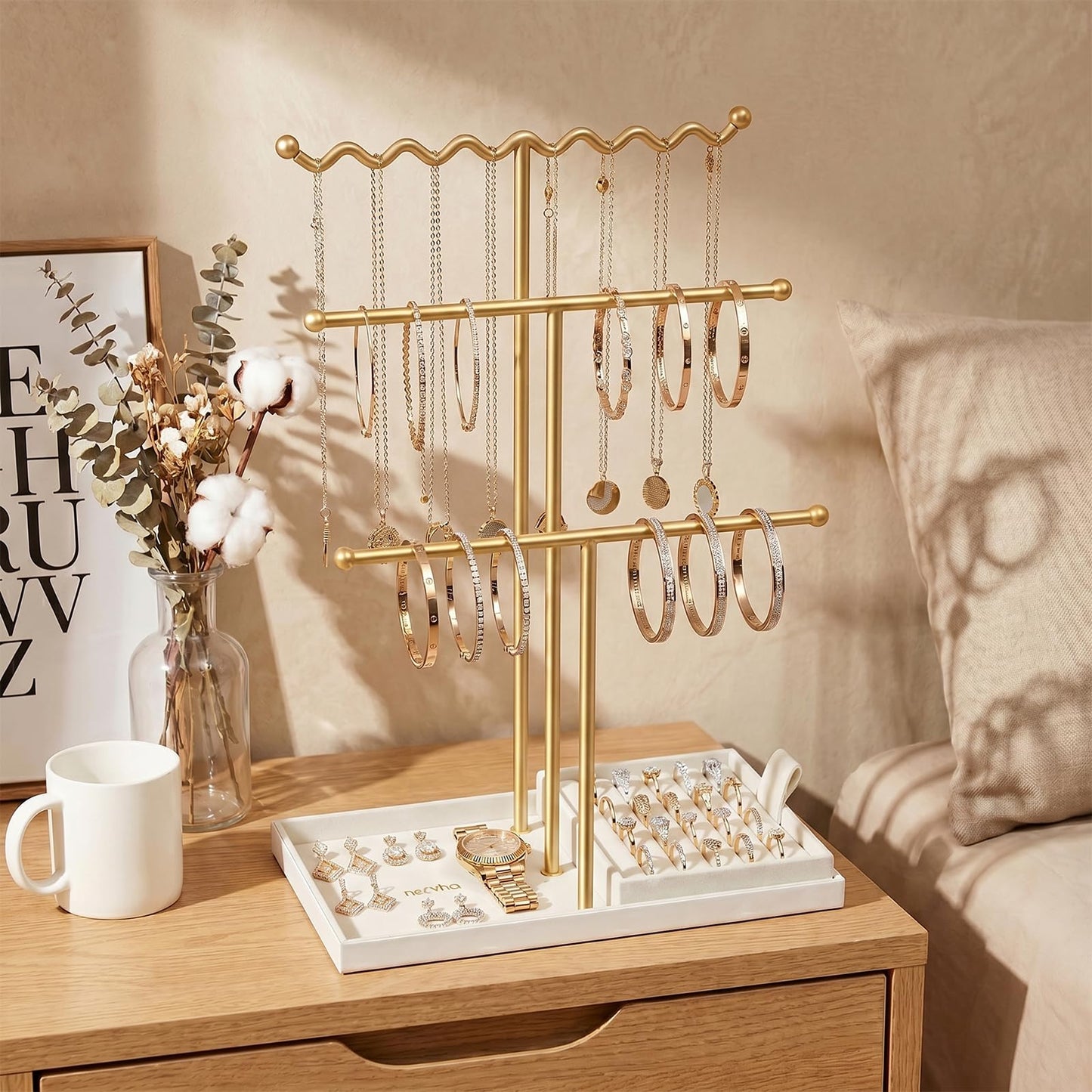 necvha Jewelry Stand Holder Organizer, 3 Tier Bracelet Holder Display with Detachable Velvet Tray, Elegant Jewlery Tower for Display Bracelet, Necklace, Earrings, Rings (Beige)