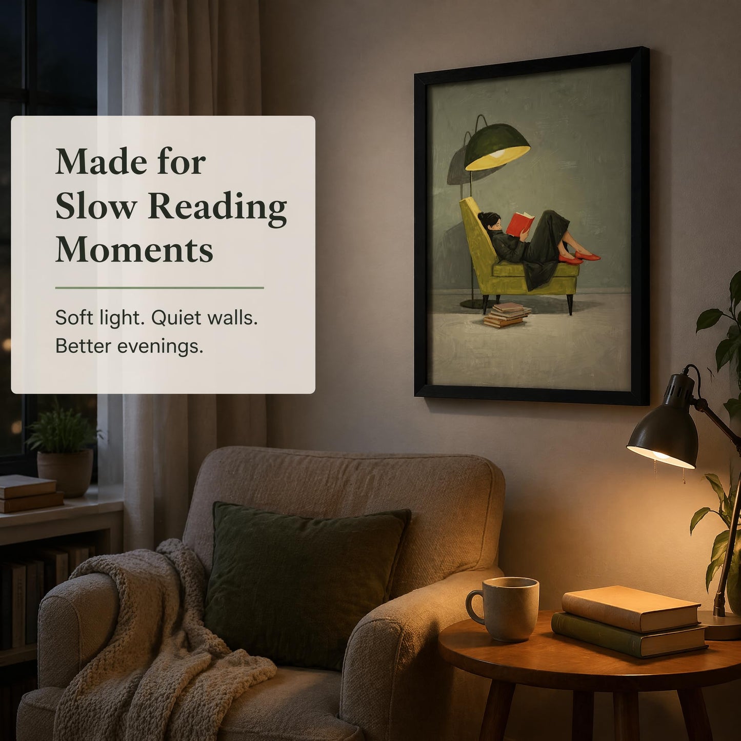 Framed Trendy Women Reading Book Wall Art Quiet Moment on The Sofa Art Prints Green Striped Painting Picture Modern Women's Minimalist Pictures Artwork for Living Room Bedroom Home office Wall Decor