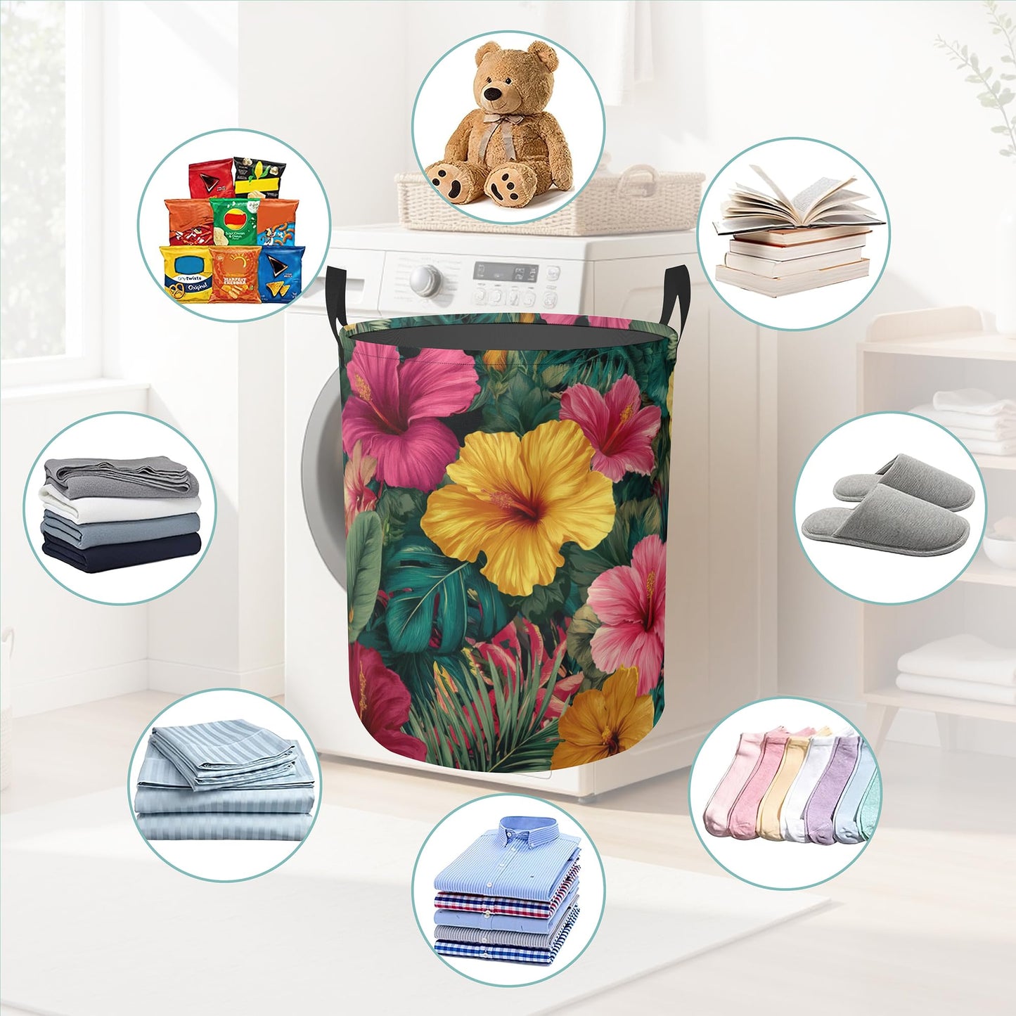 Laundry Hamper Foldable Oxford Cloth Tropical Flower Laundry Basket With Handle Portable Clothes Storage Organizer Basket Storage Bag For Laundry Room/Bedroom/Bathroom
