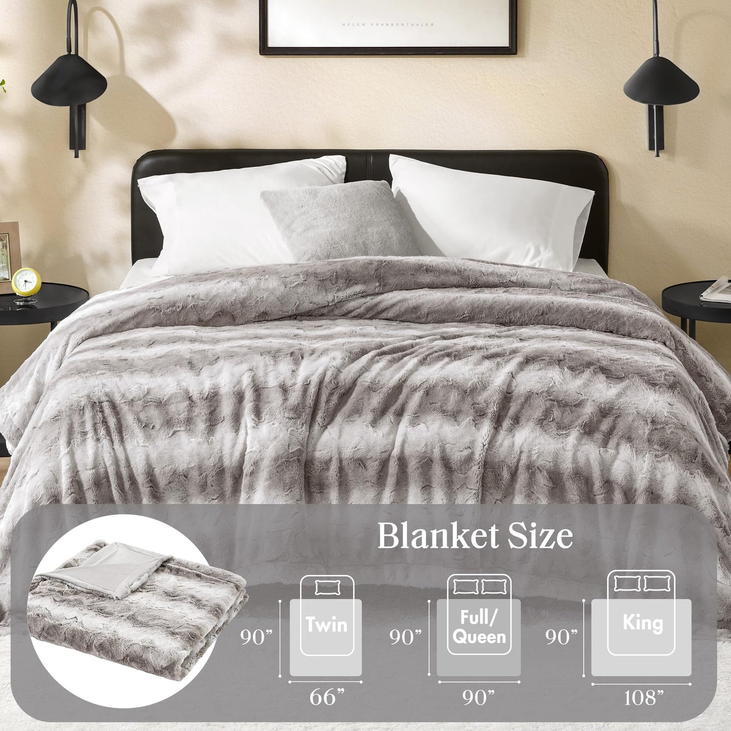 Madison Park Ultra-Soft Poly Fur Blanket Queen Size, Reversible Plush, All Season & Lightweight Queen Fuzzy Blanket for Bed, Couch & Sofa, Zuri, Full/Queen Grey